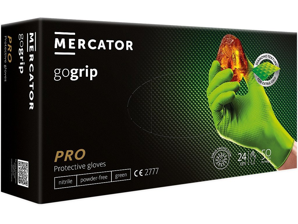 Rukavice nitrilové Mercator Medical Gogrip 50ks, zelená, nepudrované Rozměr: M