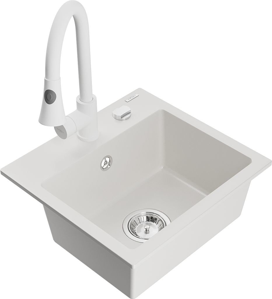 MEXEN/S Milo granitový dřez 1-miska včetně baterie Elia, bílá 6505-20-670101-20