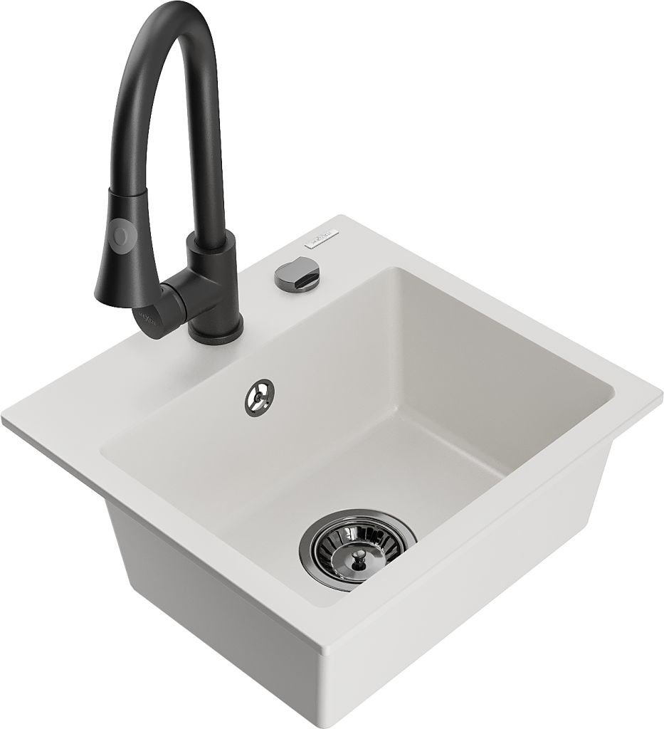 MEXEN/S Milo granitový dřez 1-miska včetně baterie Elia, bílá 6505-20-670101-70