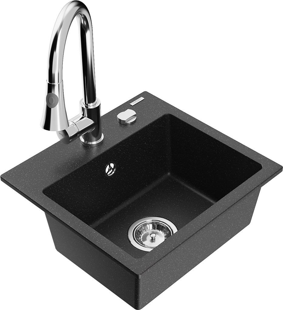 MEXEN/S Milo granitový dřez 1-miska včetně baterie Elia, černá/stříbrná metalik 6505-73-670101-00