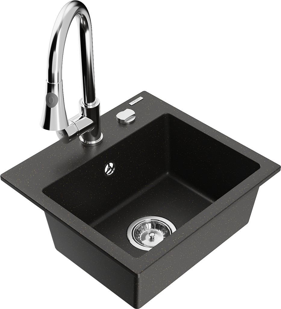 MEXEN/S Milo granitový dřez 1-miska včetně baterie Elia, černá/złoty metalik 6505-75-670101-00