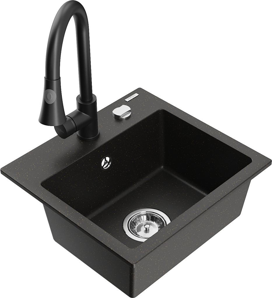MEXEN/S Milo granitový dřez 1-miska včetně baterie Elia, černá/złoty metalik 6505-75-670101-70