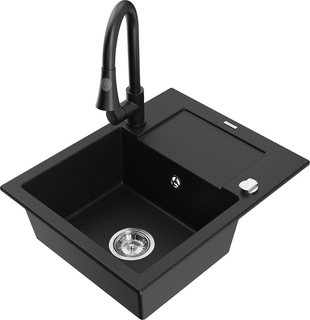 MEXEN/S Enzo granitový dřez 1 s odkapávačem včetně Elia, černá 6 6506-77-670101-70