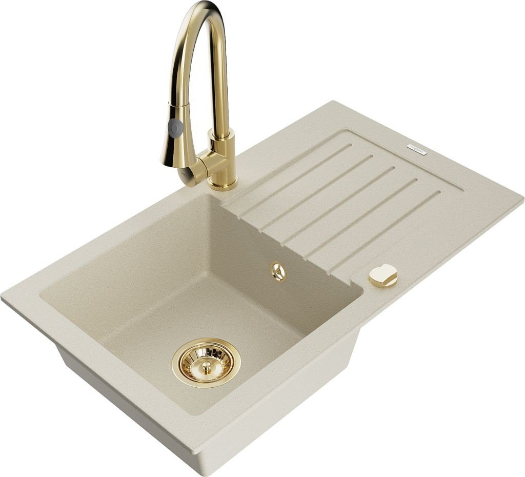 MEXEN/S Pablo granitový dřez 1 s odkapávačem včetně baterie Elia, béžová 6510-69-670101-50