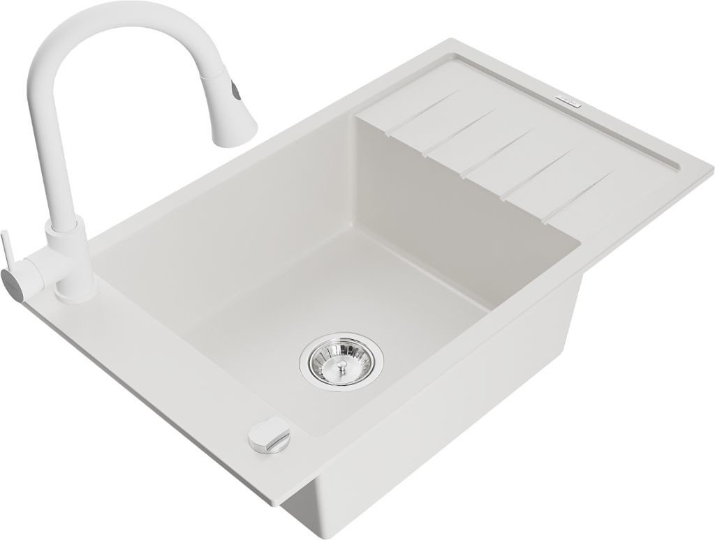 MEXEN/S Elias granitový dřez 1 s odkapávačem včetně baterie Elia, bílá 6511-20-670101-20