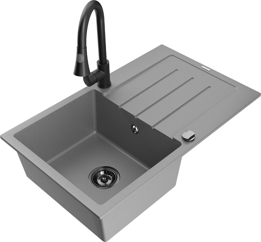 MEXEN/S Bruno granitový dřez 1 s odkapávačem včetně baterie Elia, šedá 6513-71-670101-70-B