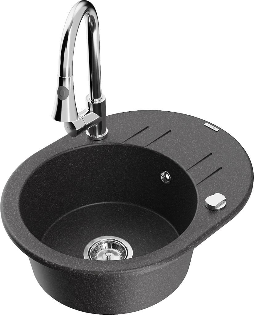 MEXEN/S Kevin granitový dřez 1 s odkapávačem včetně baterie Elia, černá kropenatá 6517-76-670101-00