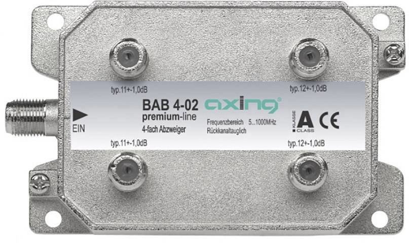 Axing BAB 4-02 odbočka TV kabelu čtyřnásobný 5 - 40 Mhz, 40 - 470 MHz, 470 - 862 MHz, 862 - 1006 MHz
