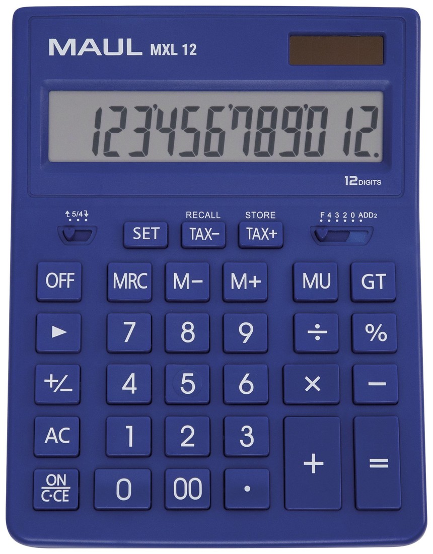Maul MXL 12 stolní kalkulačka světle modrá Displej (počet míst): 12 na baterii, solární napájení (š x v x h) 155 x 205 x 35 mm