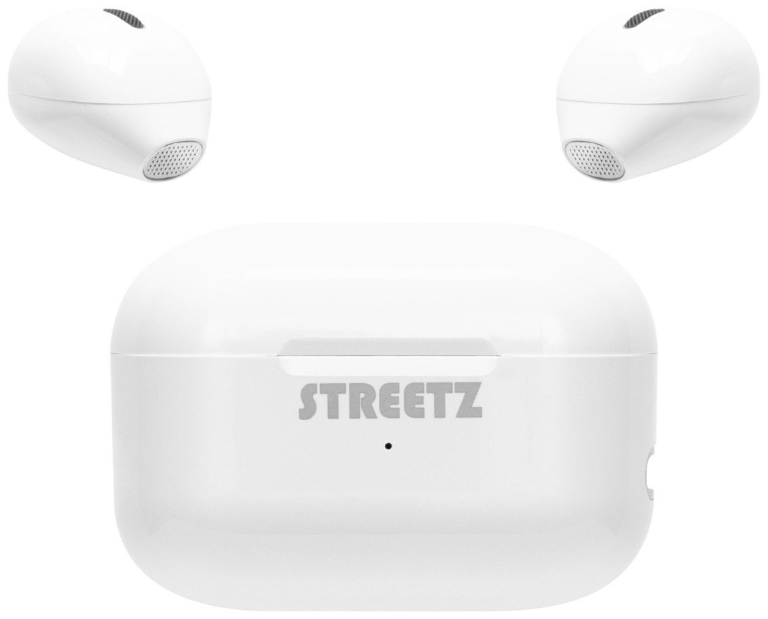 STREETZ TWS-114  In Ear Headset Bluetooth® stereo bílá  Indikátor nabití, headset, Nabíjecí pouzdro, regulace hlasitosti, dotykové ovládání