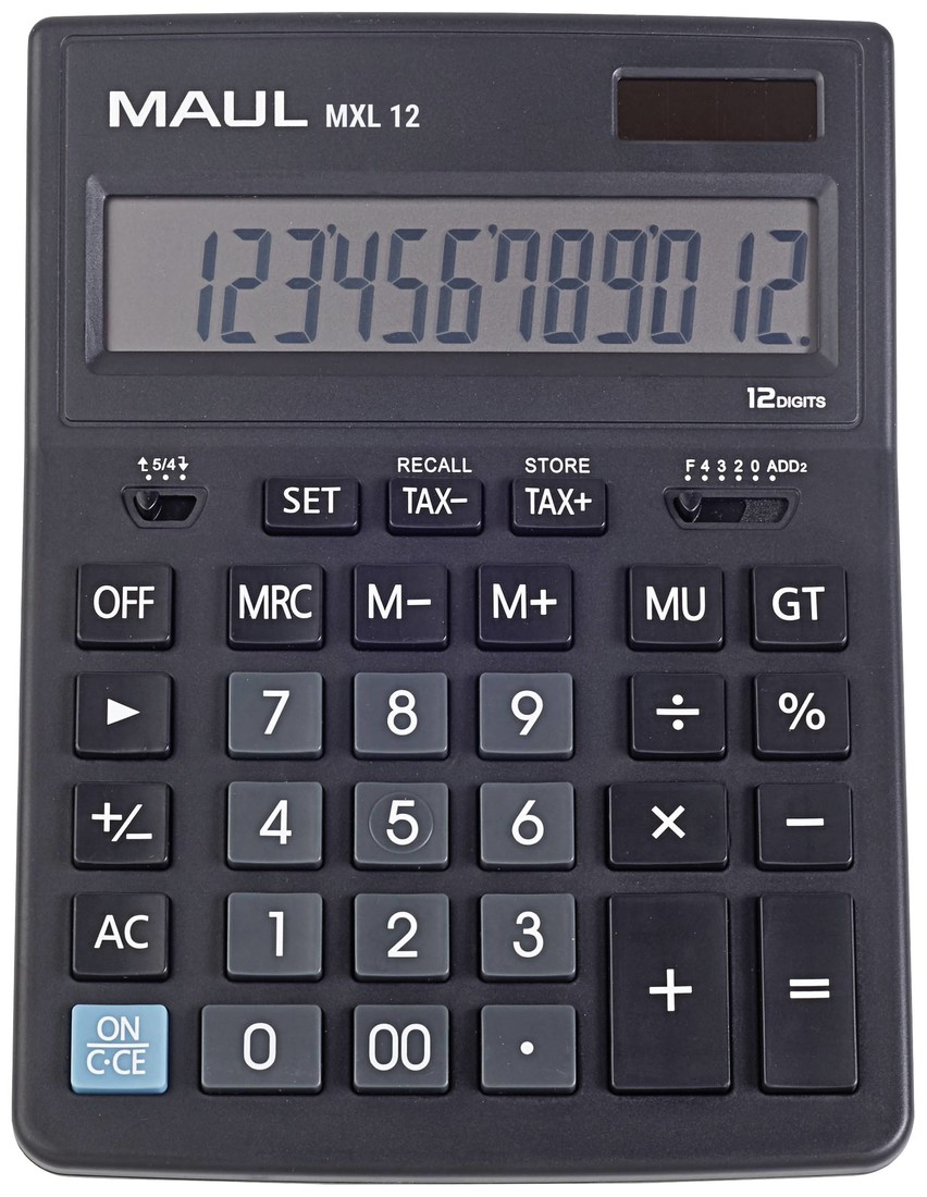 Maul MXL 12 stolní kalkulačka černá Displej (počet míst): 12 na baterii, solární napájení (š x h) 155 mm x 205 mm