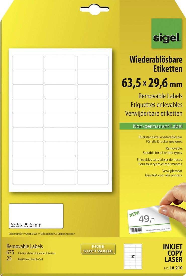 Sigel LA210 etikety 63.5 x 29.6 mm papír bílá 675 ks přemístitelné univerzální etikety  25 listů A4