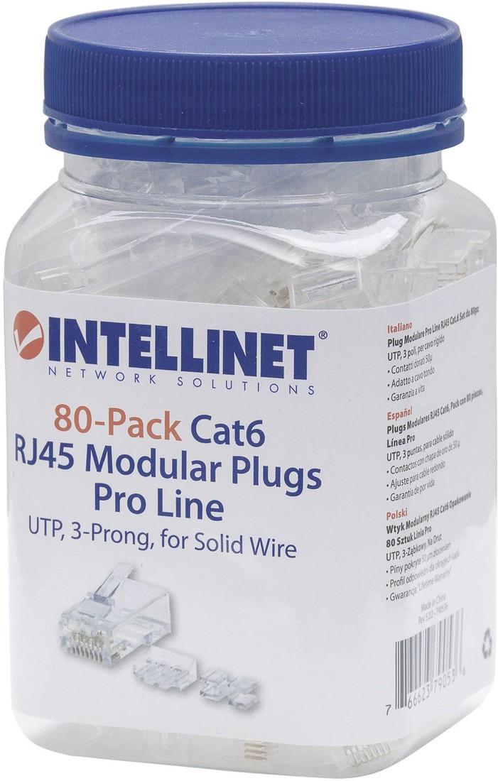 Intellinet  Intellinet 80ks Cat6 modulární zástrčky RJ45 pro Line UTP 3-bodový žíla kontakty pro masivní drát 80 zástrčka na 50 polohám pozlacené kontakty 790536 krimpovací kontakt   Počet pólů 8P8C t