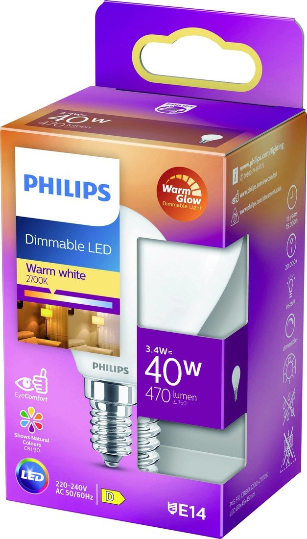 Philips Lighting 871951432447300 LED Energetická třída (EEK2021) D (A - G) E14 kapkový tvar 3.4 W = 40 W teplá bílá (Ø x d) 45 mm x 80 mm  1 ks