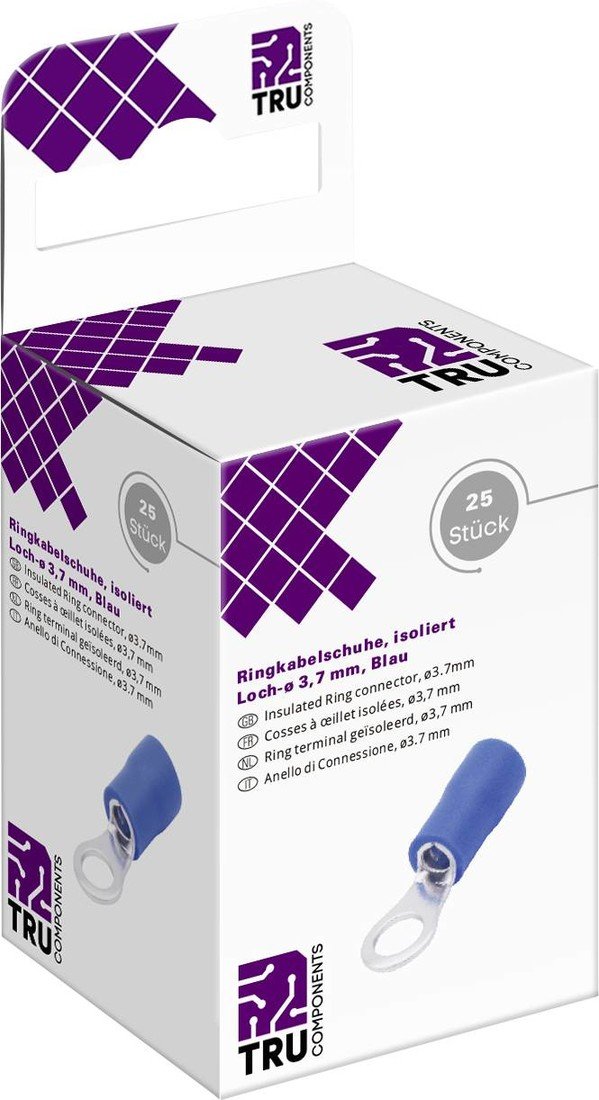 TRU COMPONENTS T2010C288 kulaté kabelové oko  Průřez (max.)=2.5 mm² Ø otvoru=3.7 mm částečná izolace modrá 25 ks
