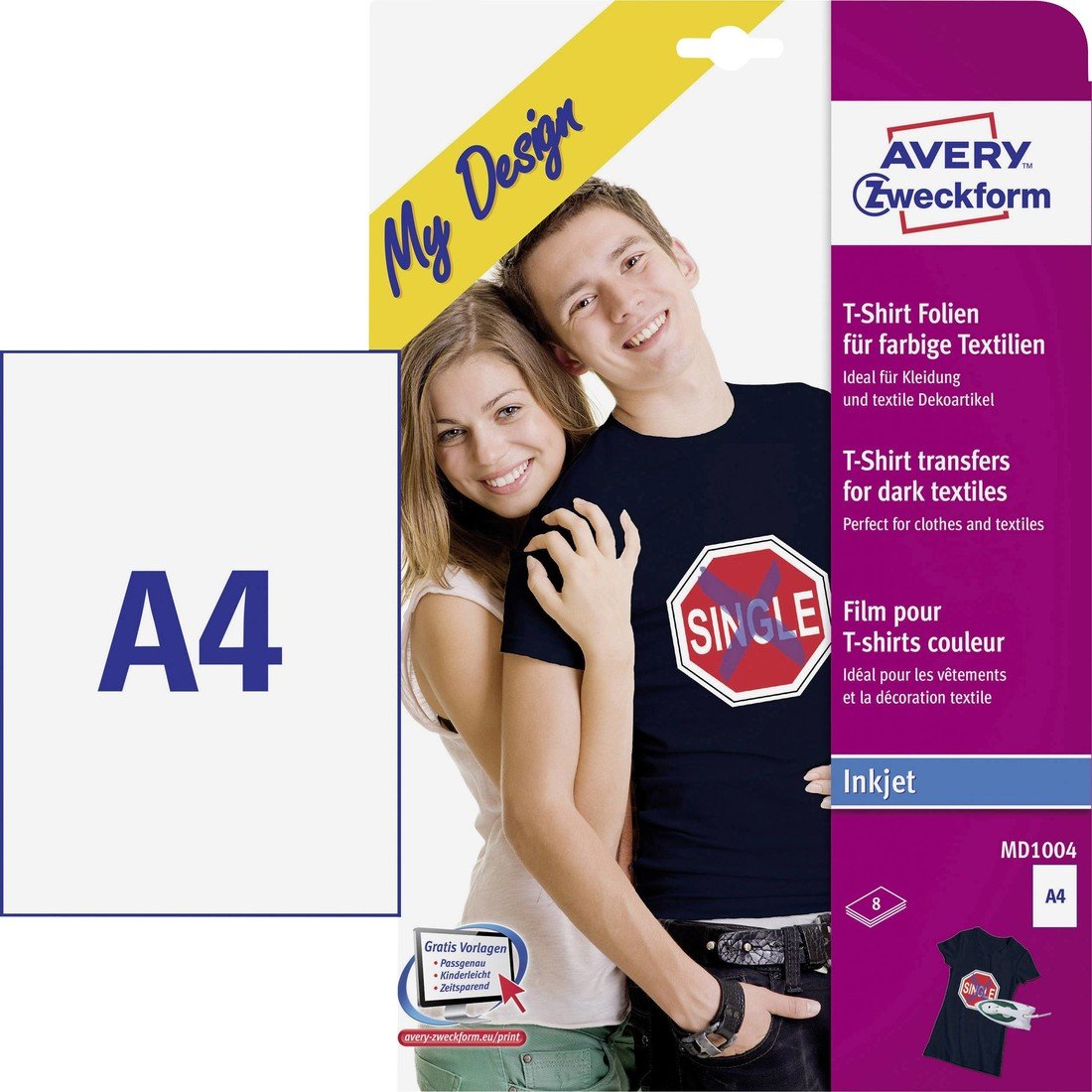 Avery-Zweckform My Design T-Shirt MD1004 inkoustová fólie na textil A4 pro barevné textilie, optimalizovaný pro tisk inkoustem 8 listů