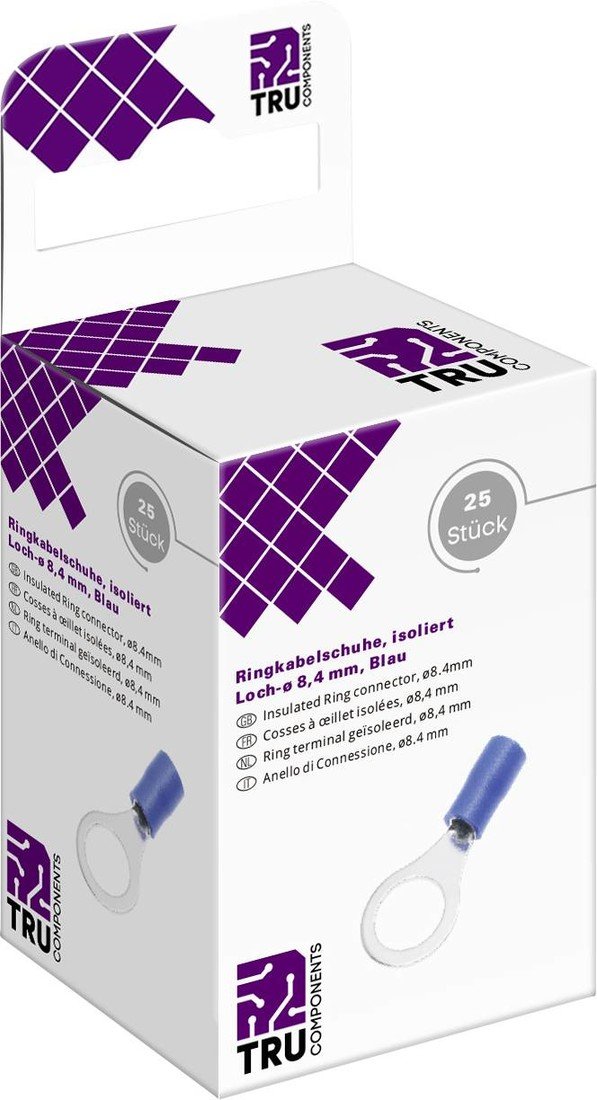 TRU COMPONENTS T2010C290 kulaté kabelové oko  Průřez (max.)=2.5 mm² Ø otvoru=8.4 mm částečná izolace modrá 25 ks