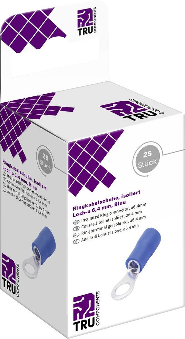 TRU COMPONENTS T2010C289 kulaté kabelové oko Průřez (max.)=2.5 mm² Ø otvoru=6.4 mm částečná izolace modrá 25 ks