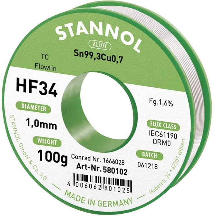 Stannol HF34 1,6procent 1,0MM FLOWTIN TC CD 100G bezolovnatý pájecí cín cívka, bez olova Sn99,3Cu0,7 ORM0 100 g 1 mm
