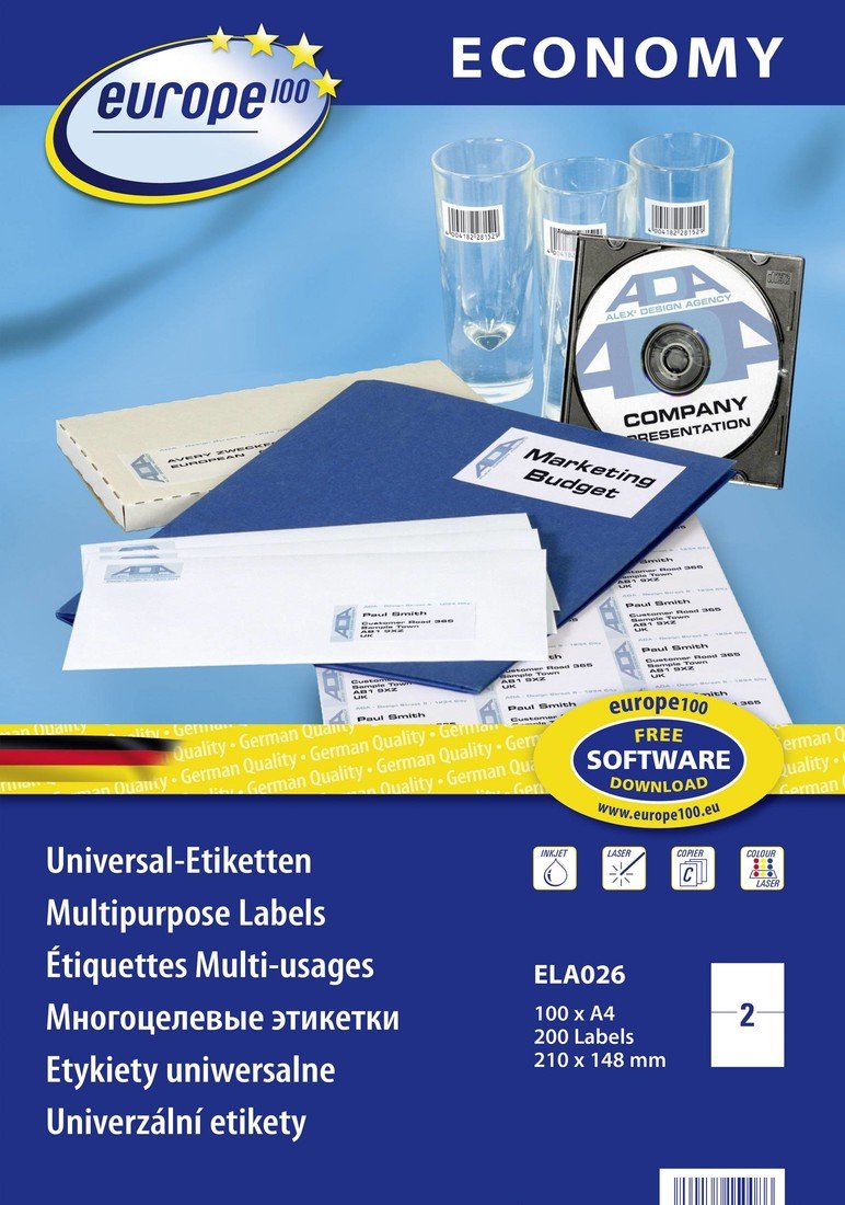 Europe 100 ELA026 etikety 210 x 148.5 mm papír bílá 200 ks permanentní  univerzální etikety inkoust, laser, kopie 100 listů A4