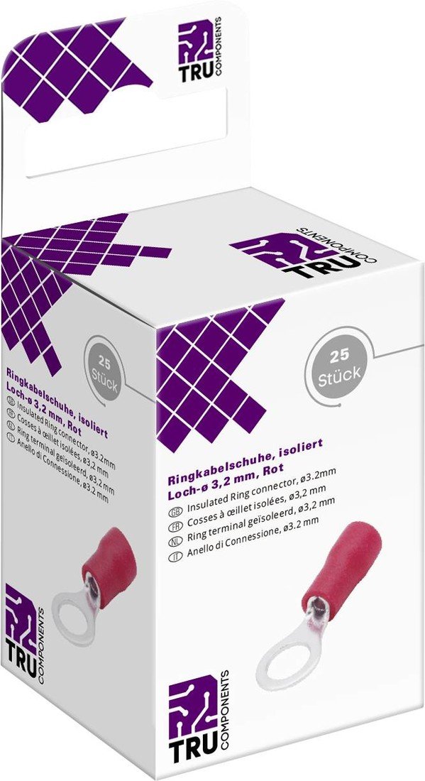 TRU COMPONENTS T2010C282 kulaté kabelové oko Průřez (max.)=1.5 mm² Ø otvoru=3.2 mm částečná izolace červená 25 ks