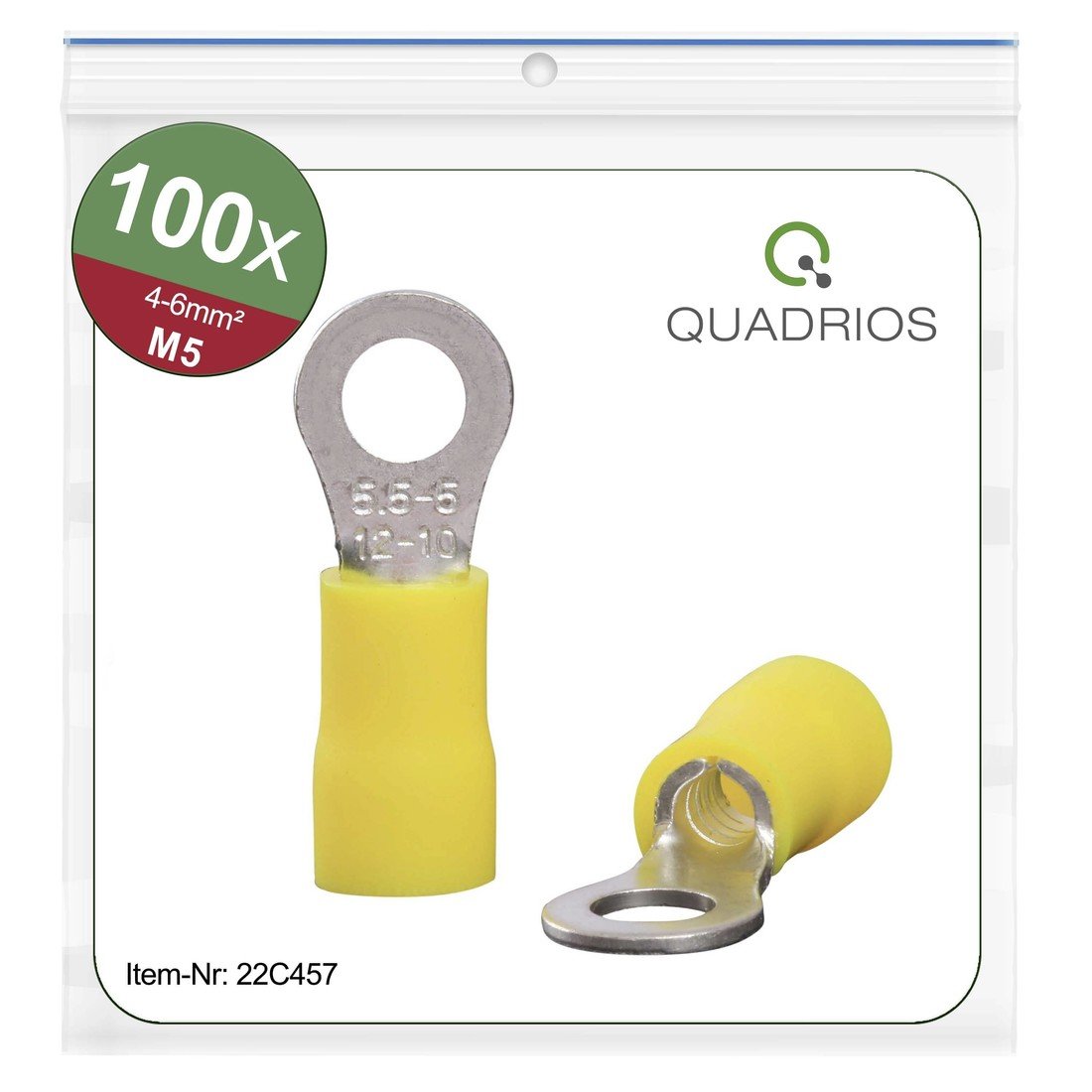 Quadrios 22C457 kulaté kabelové oko Průřez (max.)=6.0 mm² Ø otvoru=5.3 mm částečná izolace žlutá 1 sada