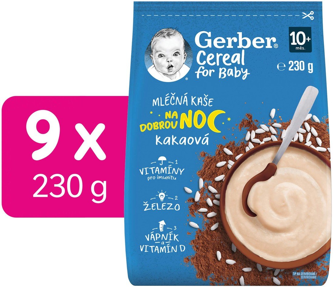Gerber Cereal mléčná kaše kakaová Dobrou noc 9x230 g