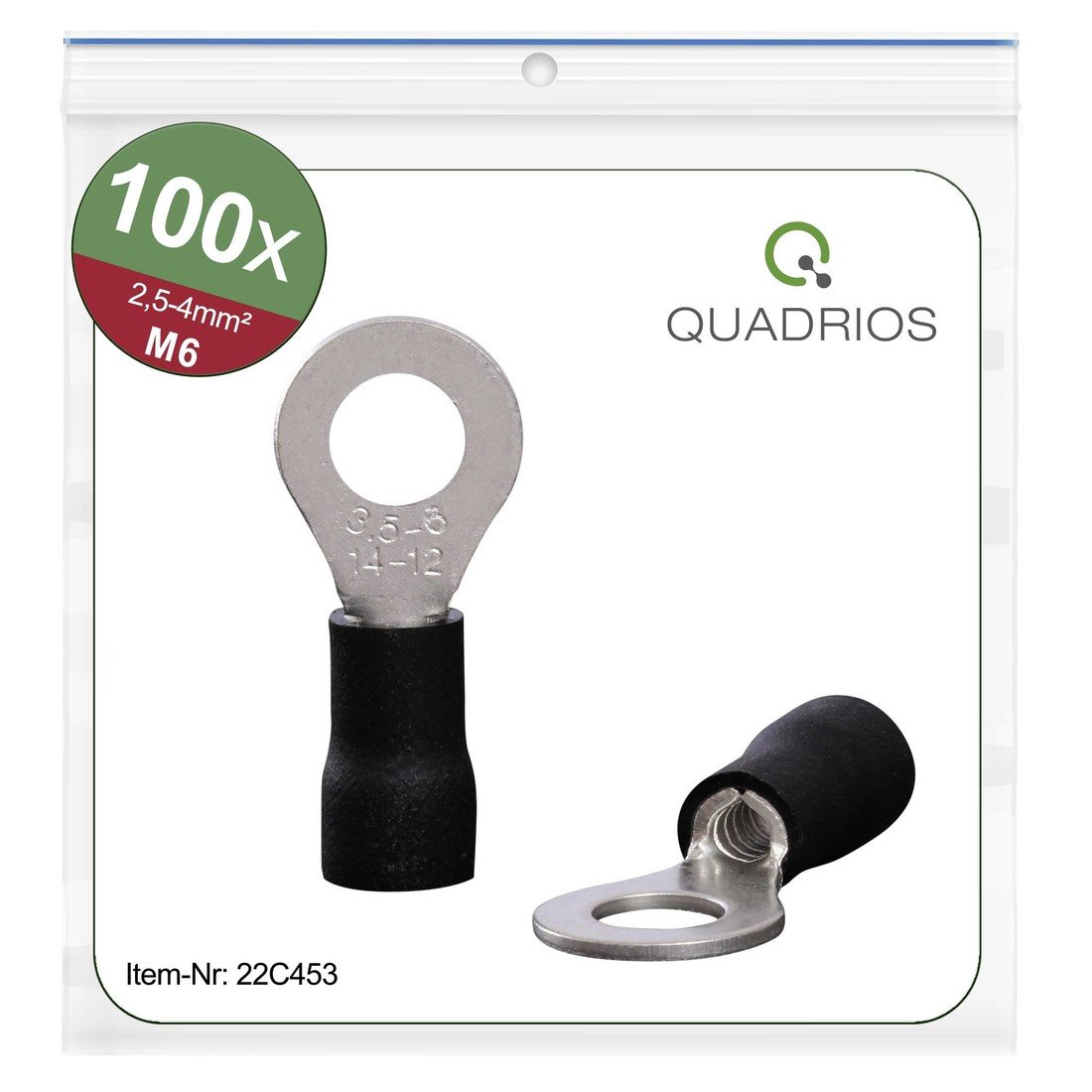 Quadrios 22C453 kulaté kabelové oko  Průřez (max.)=4.0 mm² Ø otvoru=6.5 mm částečná izolace černá 1 sada
