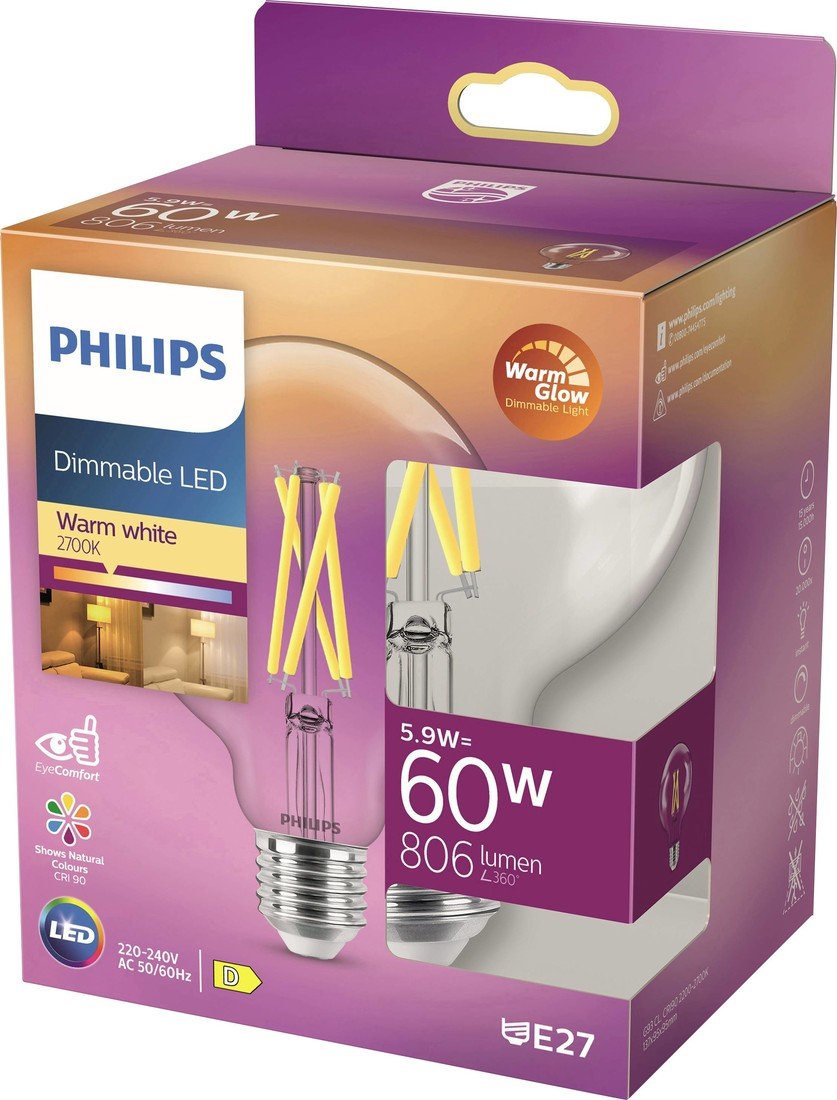 Philips Lighting 871951432395700 LED Energetická třída (EEK2021) D (A - G) E27 kulatý tvar 6 W = 60 W teplá bílá (Ø x d) 95 mm x 137 mm  1 ks