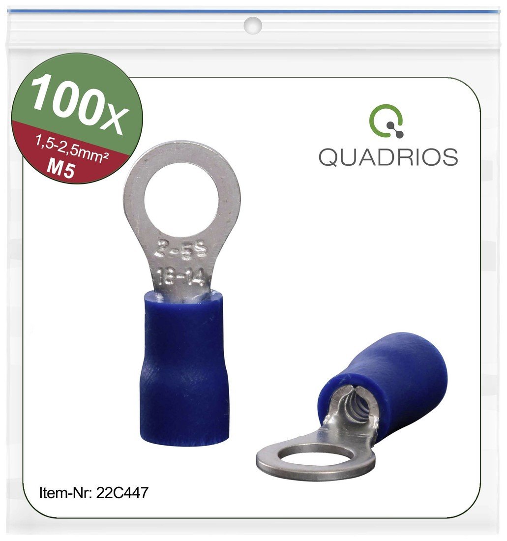 Quadrios 22C447 kulaté kabelové oko  Průřez (max.)=2.5 mm² Ø otvoru=5.3 mm částečná izolace modrá 1 sada
