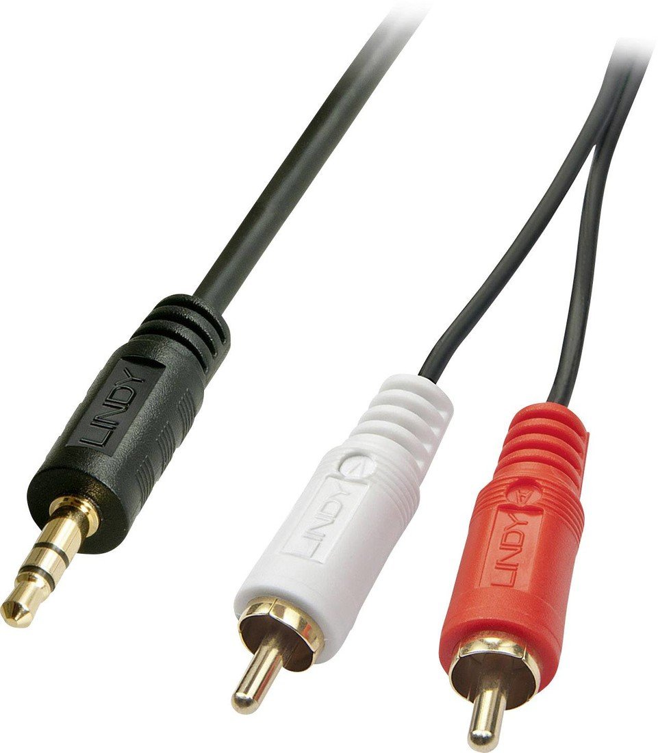 LINDY 35681 cinch / jack audio kabel [2x cinch zástrčka - 1x jack zástrčka 3,5 mm] 2.00 m černá