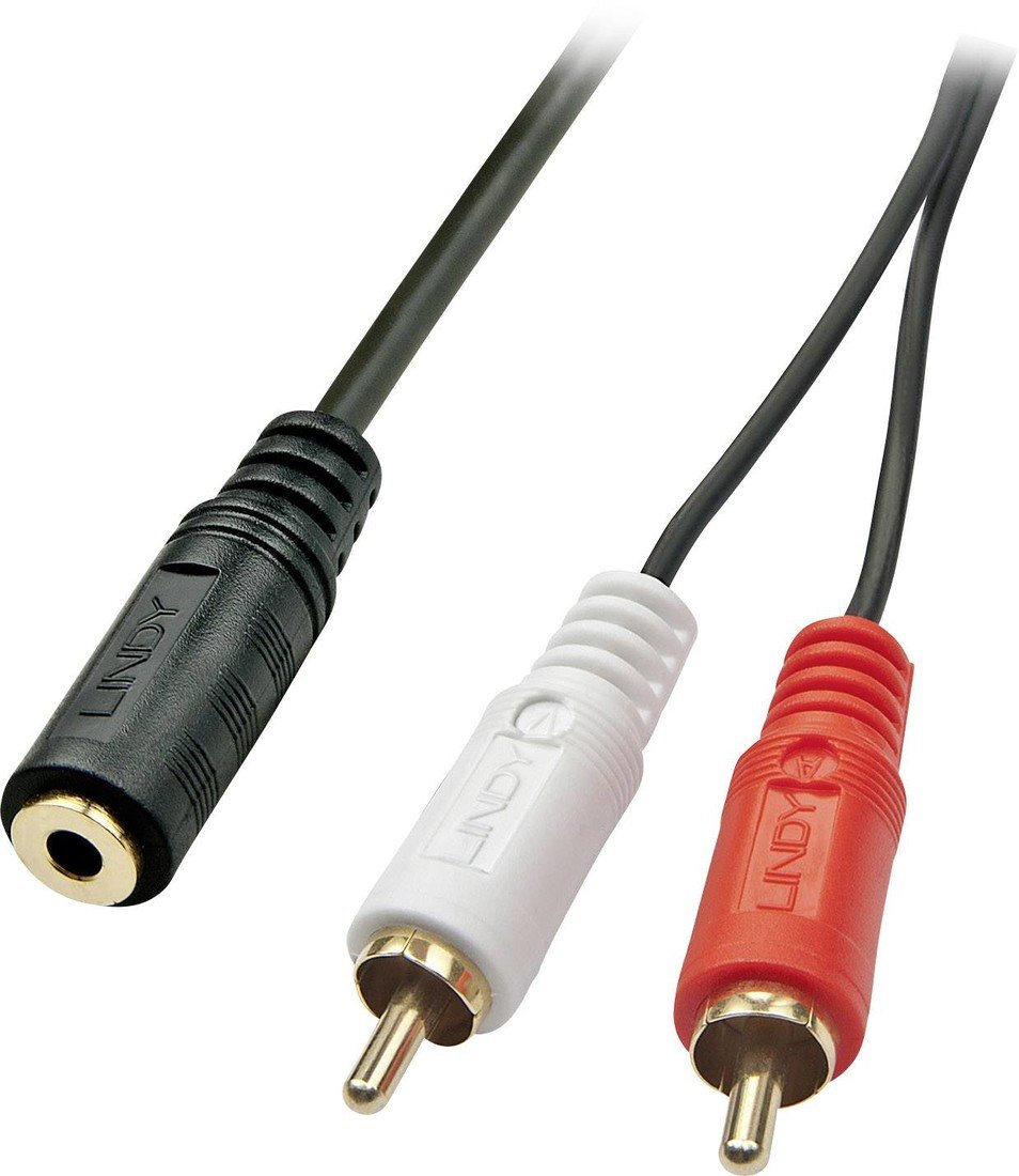 LINDY 35677  cinch / jack audio adaptér [2x cinch zástrčka - 1x jack zásuvka 3,5 mm] černá