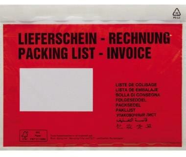 taška na dokumenty  DIN C6  červená Lieferschein-Rechnung, mehrsprachig se samolepicím uzávěrem 250 ks/bal. 250 ks