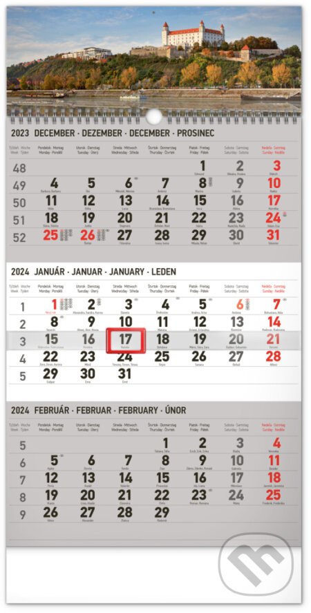 Nástenný kalendár 3-mesačný Bratislava šedý – so slovenskými menami 2024, 29,5 × 43 cm - Notique
