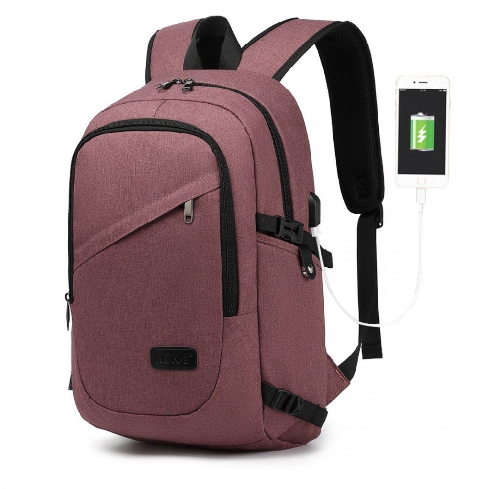 KONO unisex batoh s USB portem - starorůžová - 20L