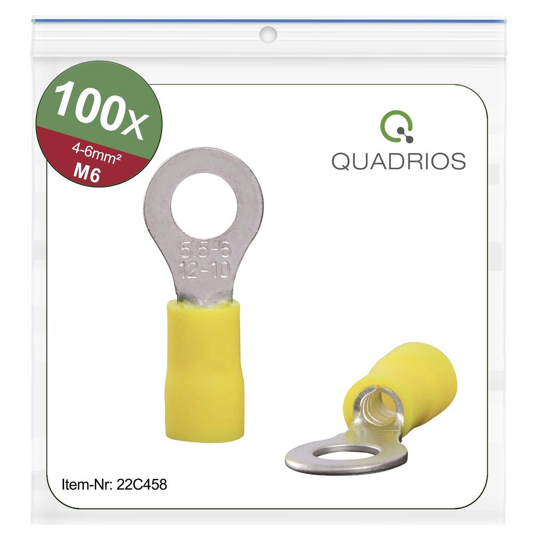 Quadrios 22C458 kulaté kabelové oko Průřez (max.)=6.0 mm² Ø otvoru=6.5 mm částečná izolace žlutá 1 sada
