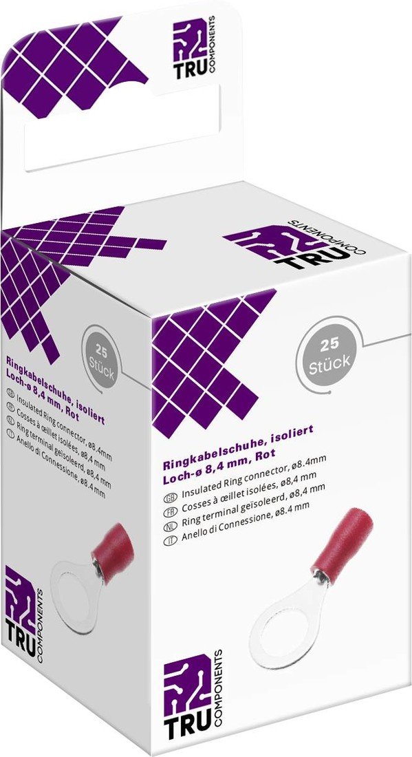 TRU COMPONENTS T2010C285 kulaté kabelové oko Průřez (max.)=1.5 mm² Ø otvoru=8.4 mm částečná izolace červená 25 ks