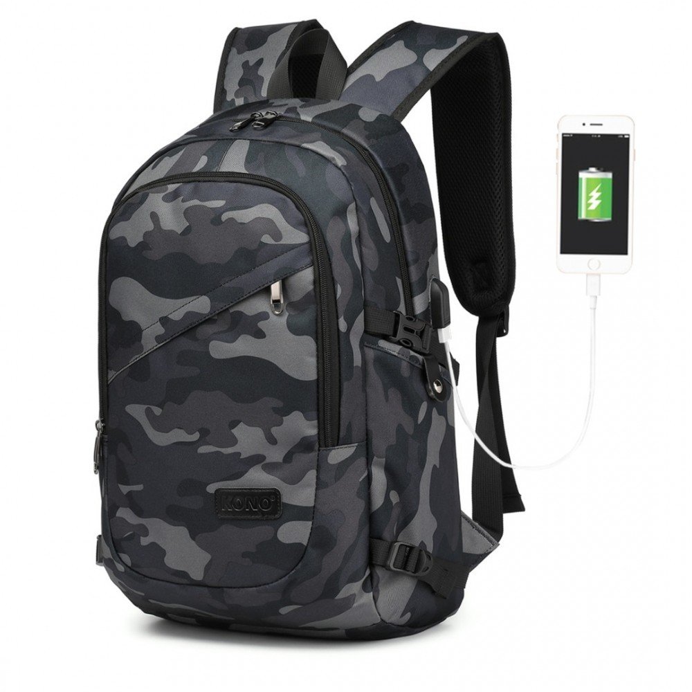 KONO unisex batoh s USB portem - camo - 20L