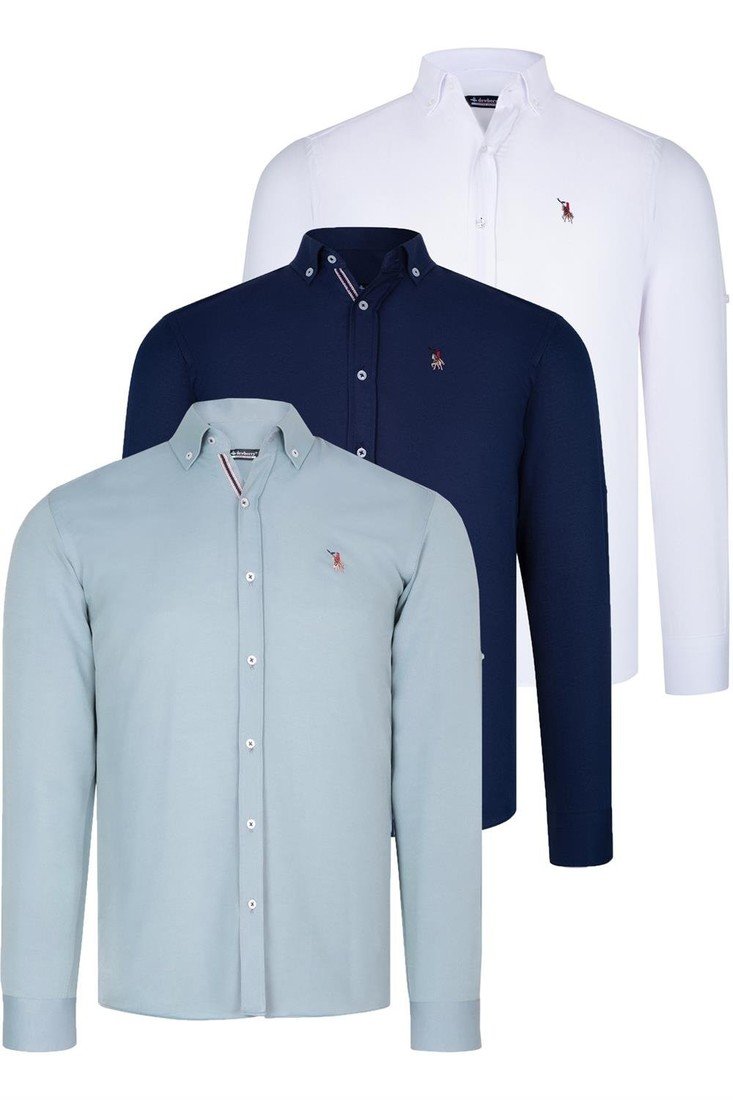 TRIPLE SET G674 DEWBERRY MENS SHIRT-NAVY BLUE-WHITE-WATER GREEN