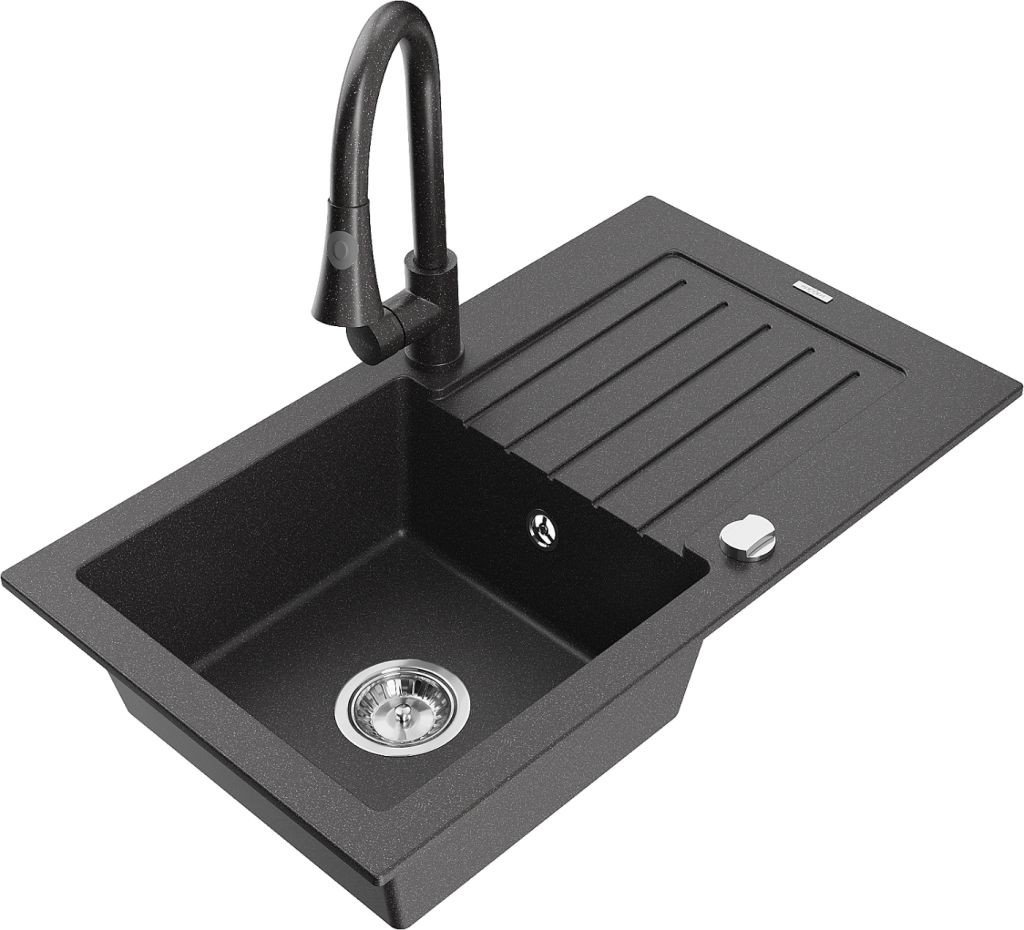 MEXEN/S Pablo granitový dřez 1 s odkapávačem včetně baterie Elia, černá kropenatá 6510-76-670101-76