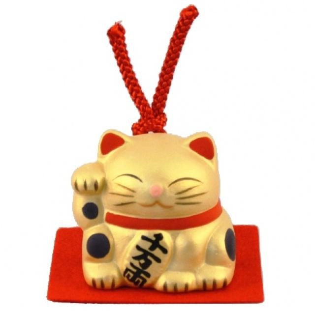 JPa Japonská kočka štěstí Maneki Neko Gold - zvonek 6cm