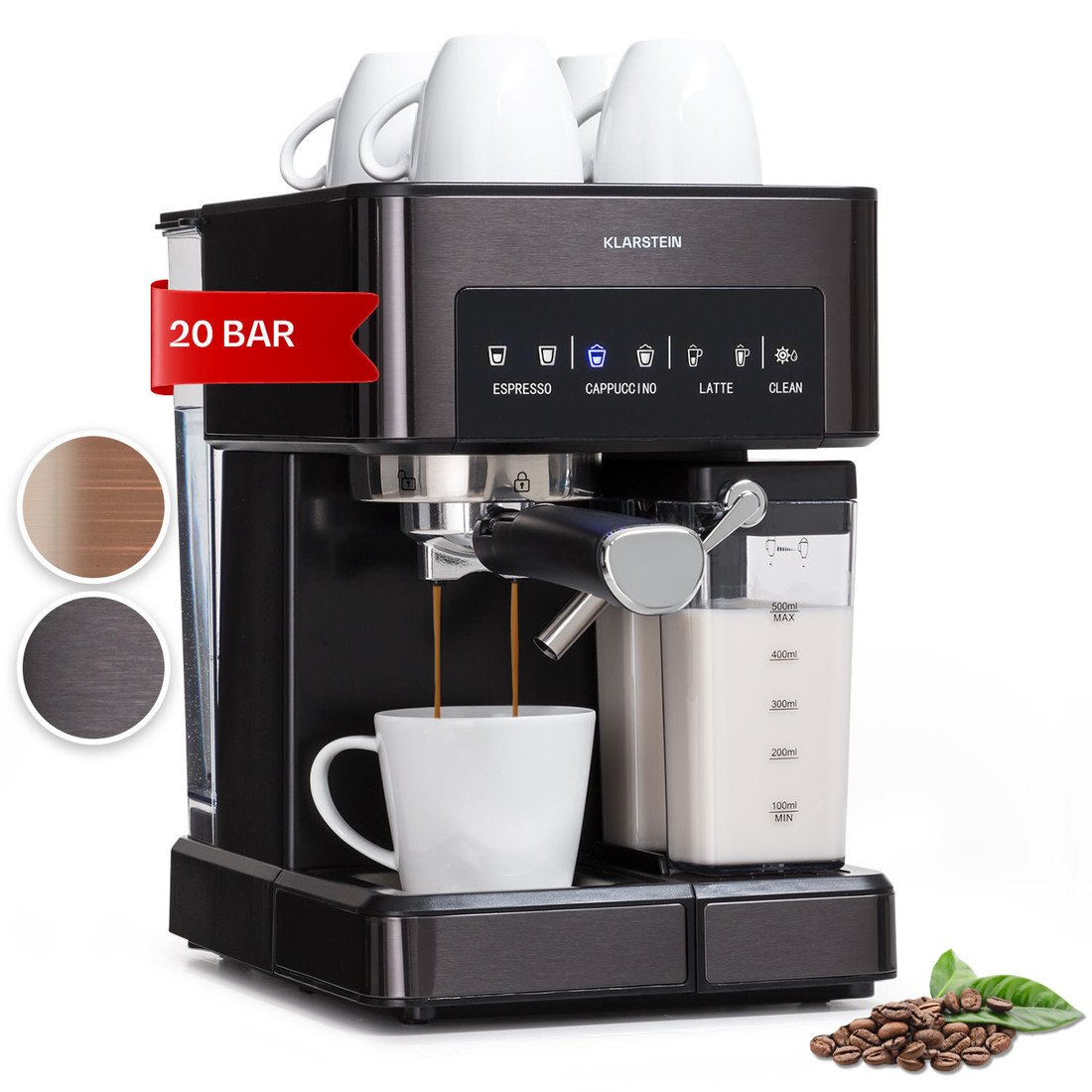 Klarstein Arabica Comfort, espresso kávovar, 1350 W, 20 barů, 1,8 l, dotyková ovládací plocha