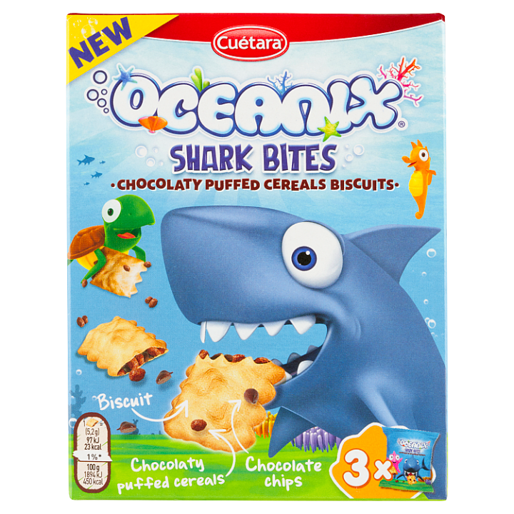 Cuétara Oceanic Shark Bites sušenky s čokoládovými lupínky a čokoládovými burizony 150g