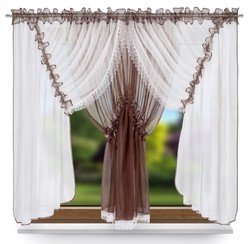 Hotová voálová záclona s krajkou hnědo bílá
