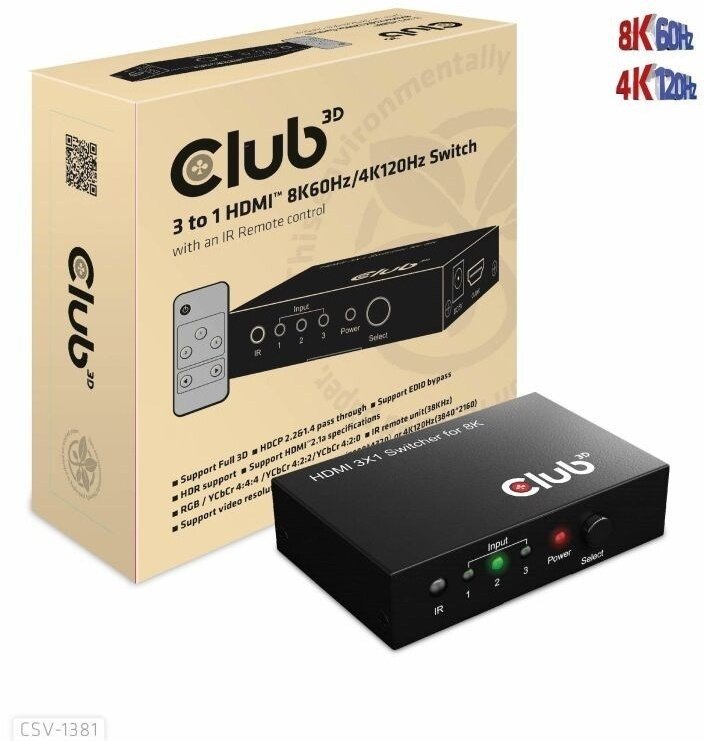 Club 3D rozdělovač videa 1:3 HDMI 8K60Hz/4K120Hz, 3 porty, CSV-1381