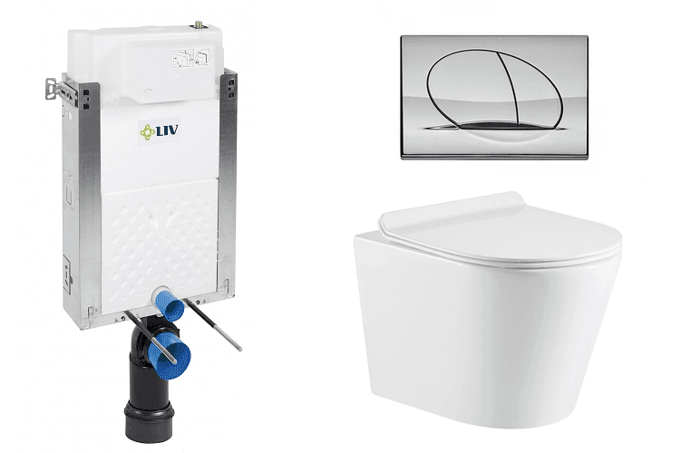 Liv-Fluidmaster Wc set Ring II Wall podmítková nádrž do zdiva, rimless mísa, sedátko a tlačítko lesklý chrom 195872