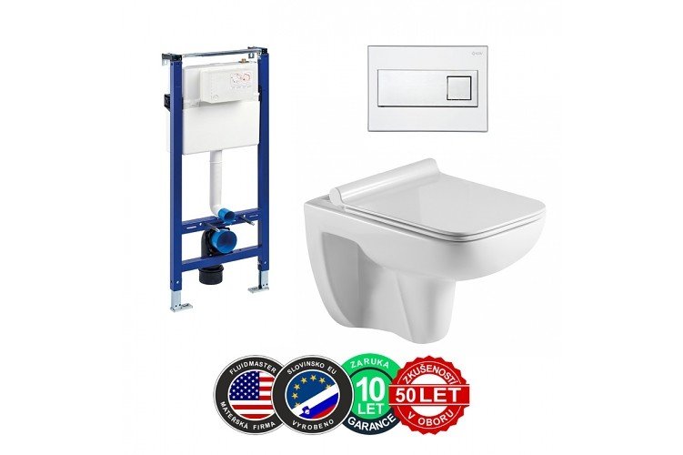 Liv-Fluidmaster Wc set Classic Gips podmítková nádrž do sádrokartonu, rimless mísa, sedátko a tlačítko bílé/chrom 73730