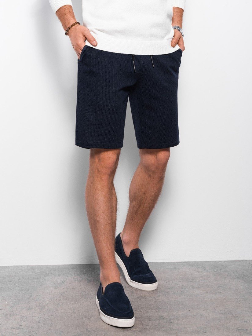 Ombre Men's knitted shorts with decorative elastic waistband - navy blue