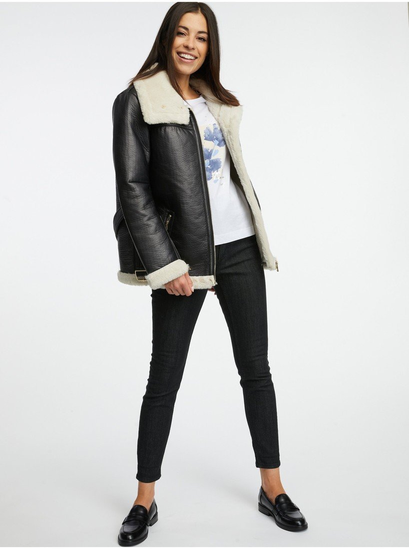 Orsay Černá dámská koženková bunda s umělým kožíškem - Dámské