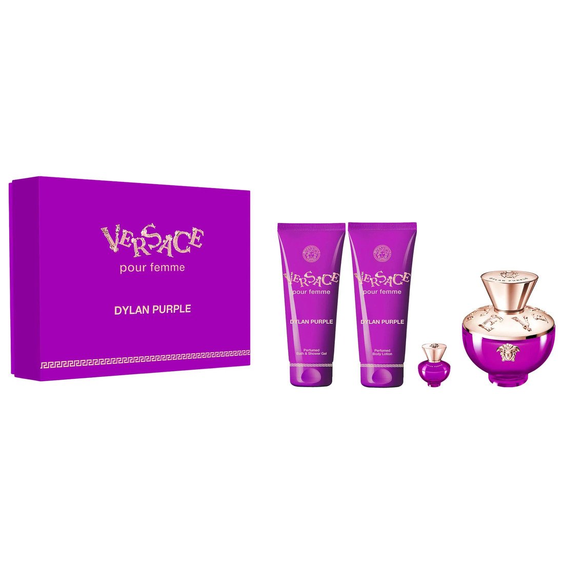Versace Dylan Purple dárková sada pro ženy Parfémovaná voda 100 ml + Parfémovaná voda 5 ml + Tělové mléko 100 ml + Sprchový gel 100 ml